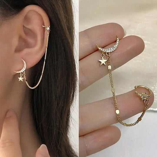 1PC New Fashion Gold Color Moon Star Clip Øreringe til kvinder Simple Butterfly Fake Cartilage Long Tassel Ear Cuff Smykker Gaver
