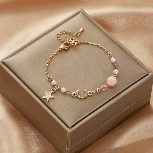 Japan Korea Star Moon Armbånd til kvinder Piger Mode Pink Krystal Perlekæde Armbånd Engros Designer Smykker Festgave
